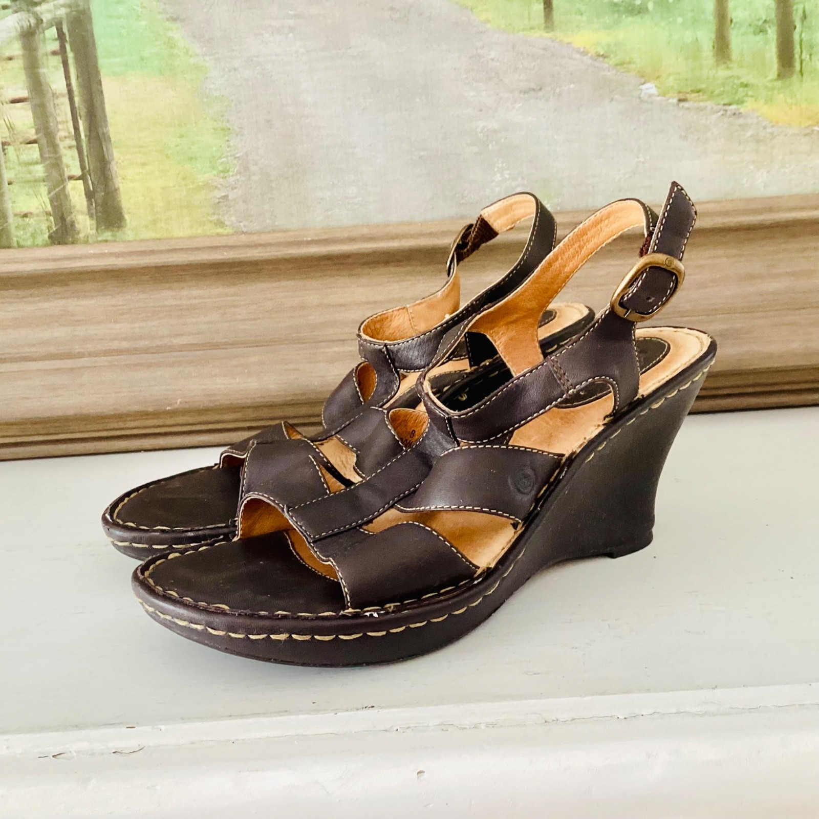 Born Brown Leather 3.5in Open Toe Platform Wedge Slingback Sandals Women’s 8 M