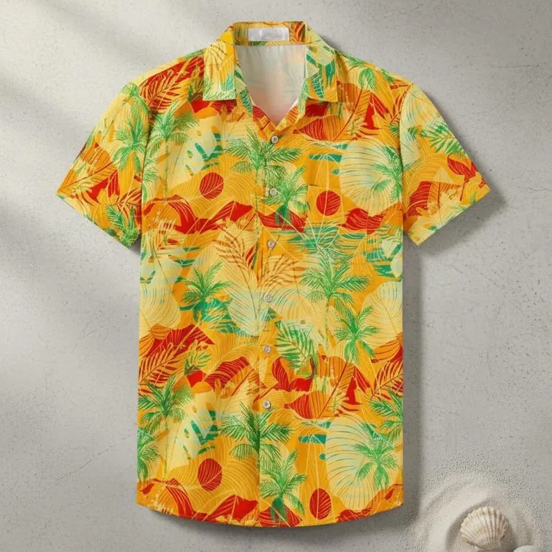 Hawaiian Shirt Men Yellow Leaf Print Aloha Beach Tropical Summer Vacation Party