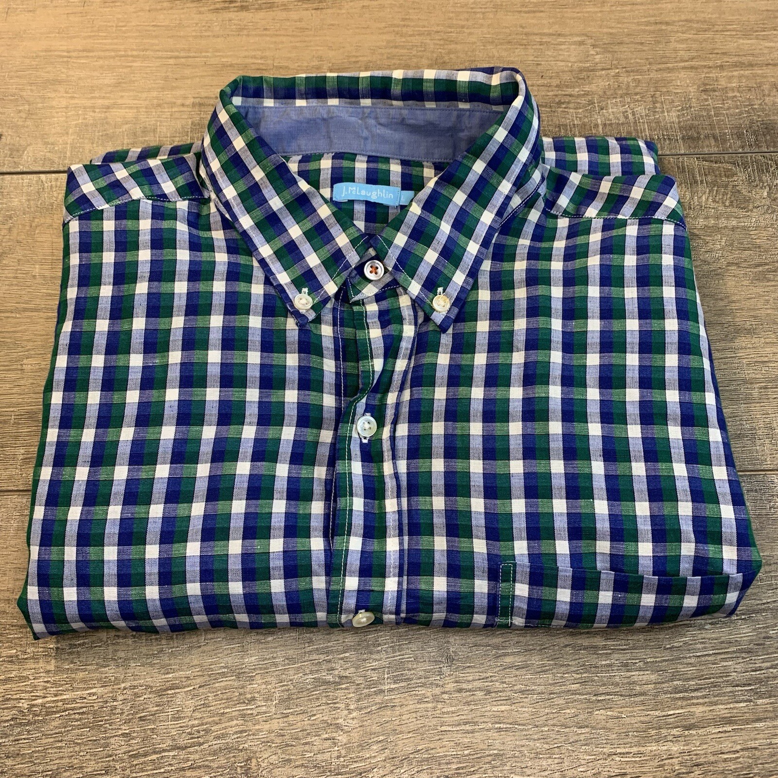 J McLaughlin Mens Long Sleeve Button Up Shirt Size Large 52% Linen Check B16