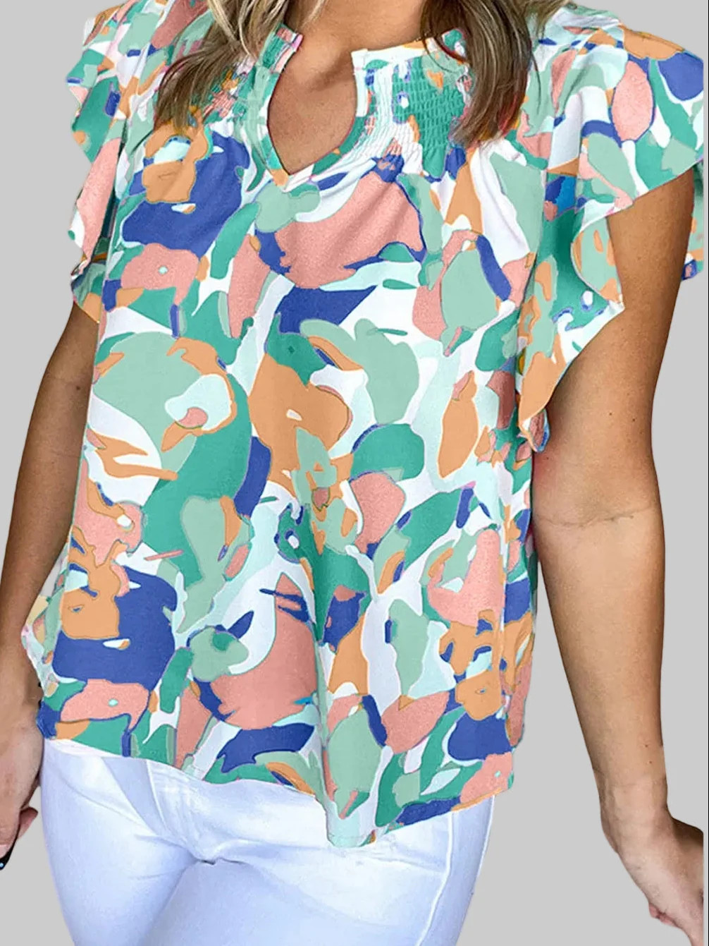 Women Ruffled Printed Notched Cap Sleeve Blouse