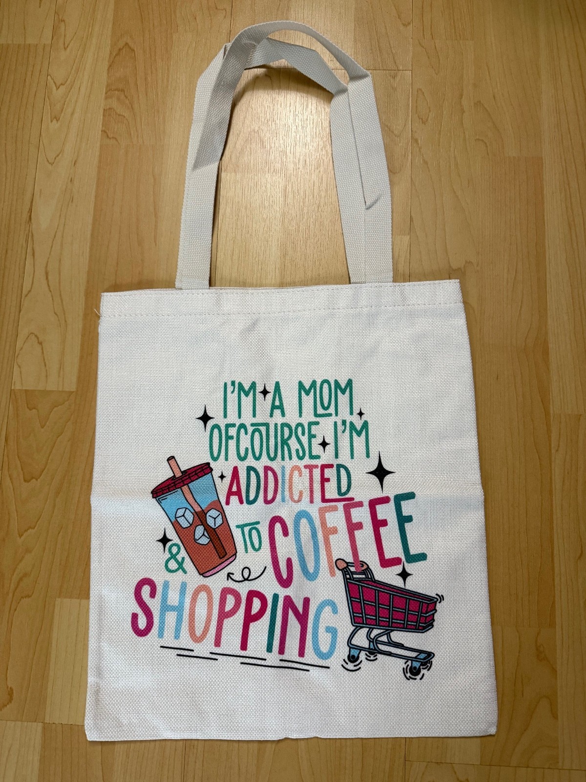 tote bag 15.5 inches by 13.5 in with mom coffee shopping themed canvas carry bag