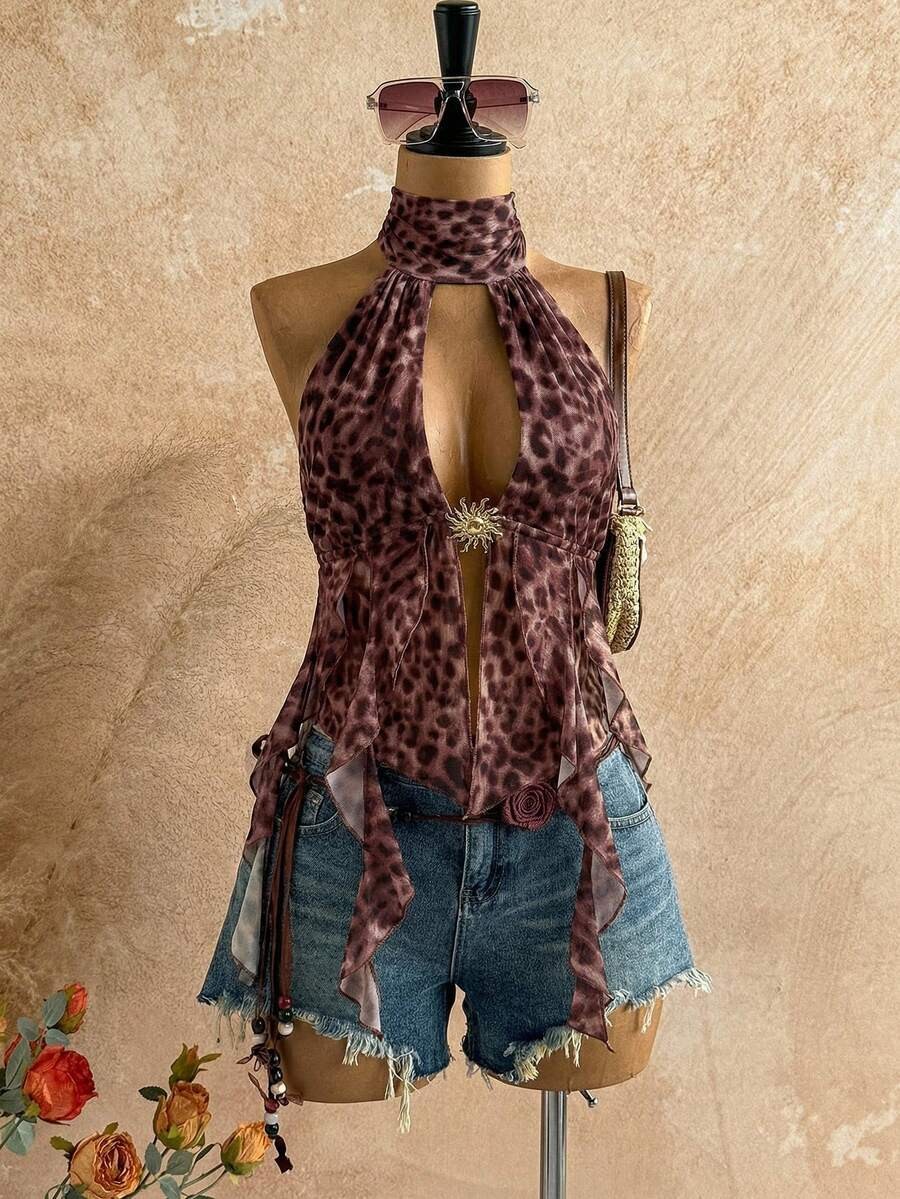 Leopard Print Halter Neck Top Backless Asymmetrical Boho Vacation Beach Blouse