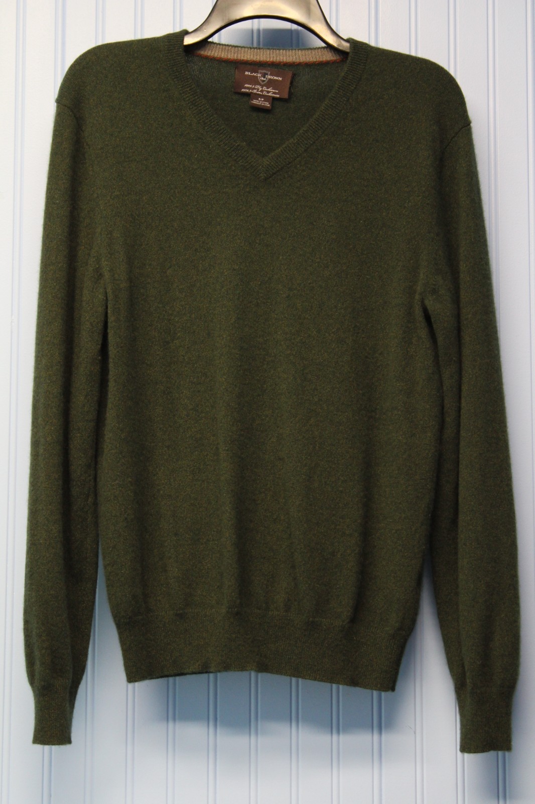 Mens’ Black Brown 100% cashmere juniper green v neck long slv pullover sweater S
