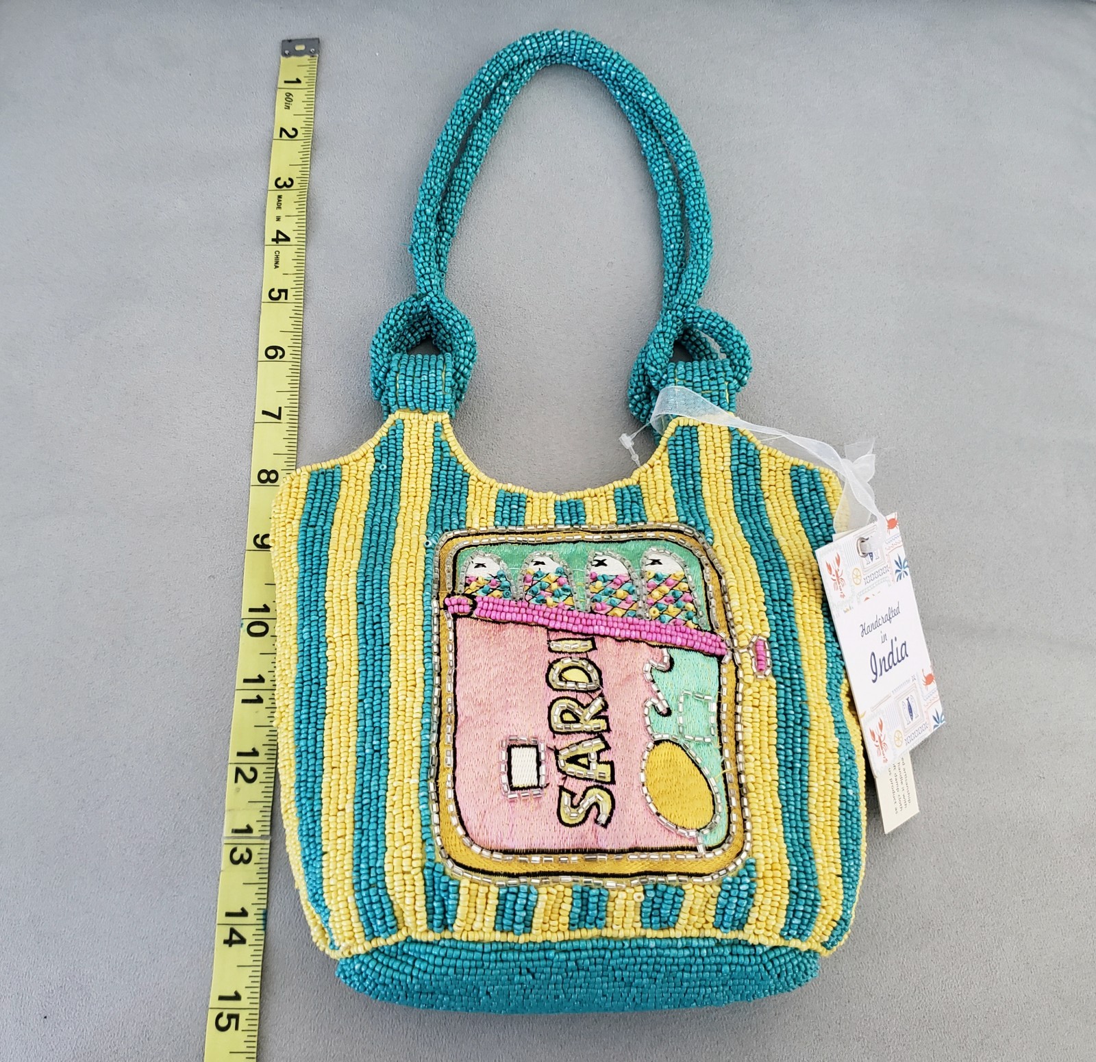 Sardines In A Can Beaded Bag Striped Yellow Teal Pink Fish Handcrafted in India