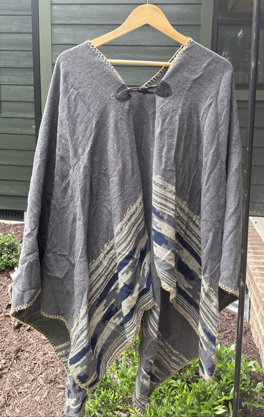Southwestern shawl with toggle button One Size Blue/Tan/Navy Boho