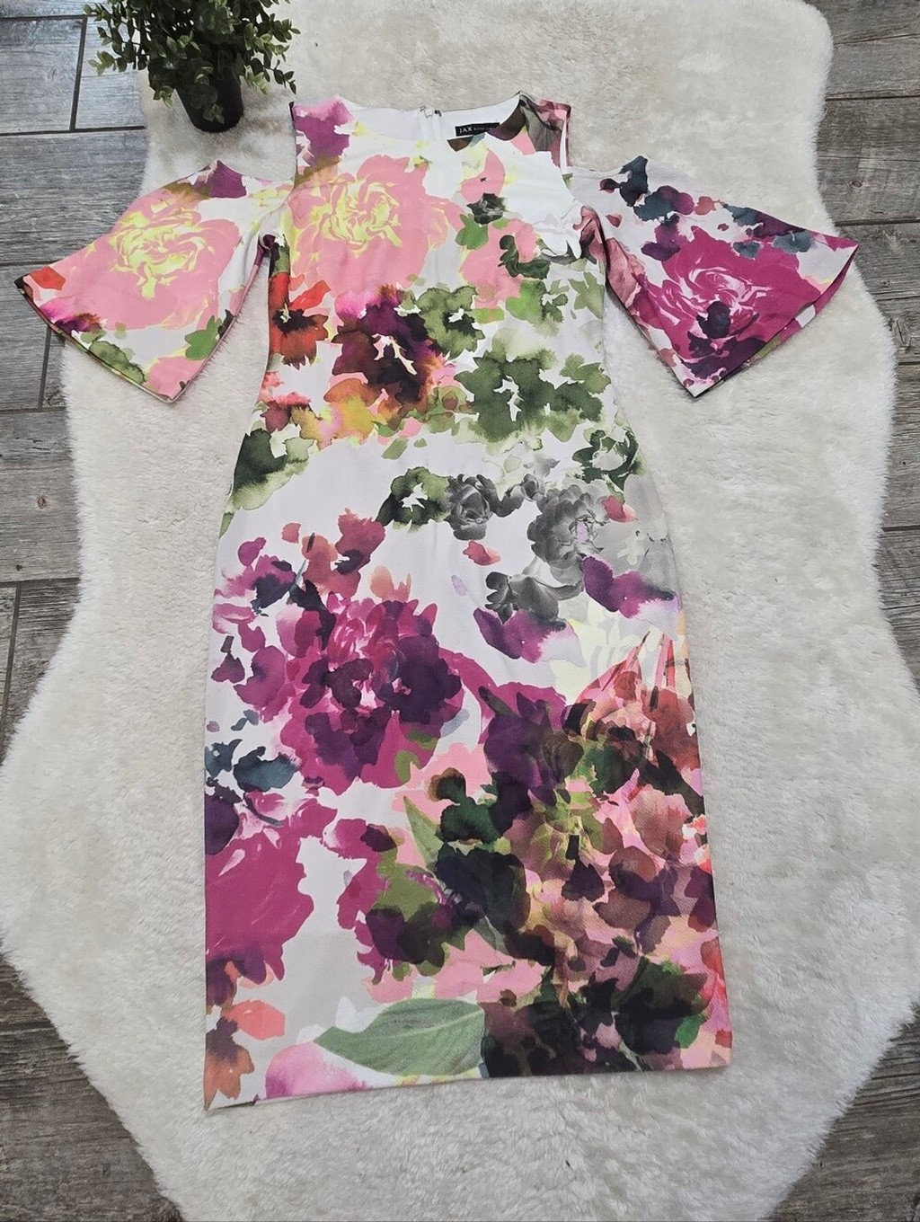 JAX Black Label Floral Cold Shoulder Midi Sheath Dress Bell Sleeve, Size 6