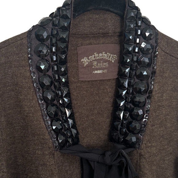 Rockabilly Rules Ambiente 100% Wool Brown Black Beaded Collar Cardigan Rodeo L