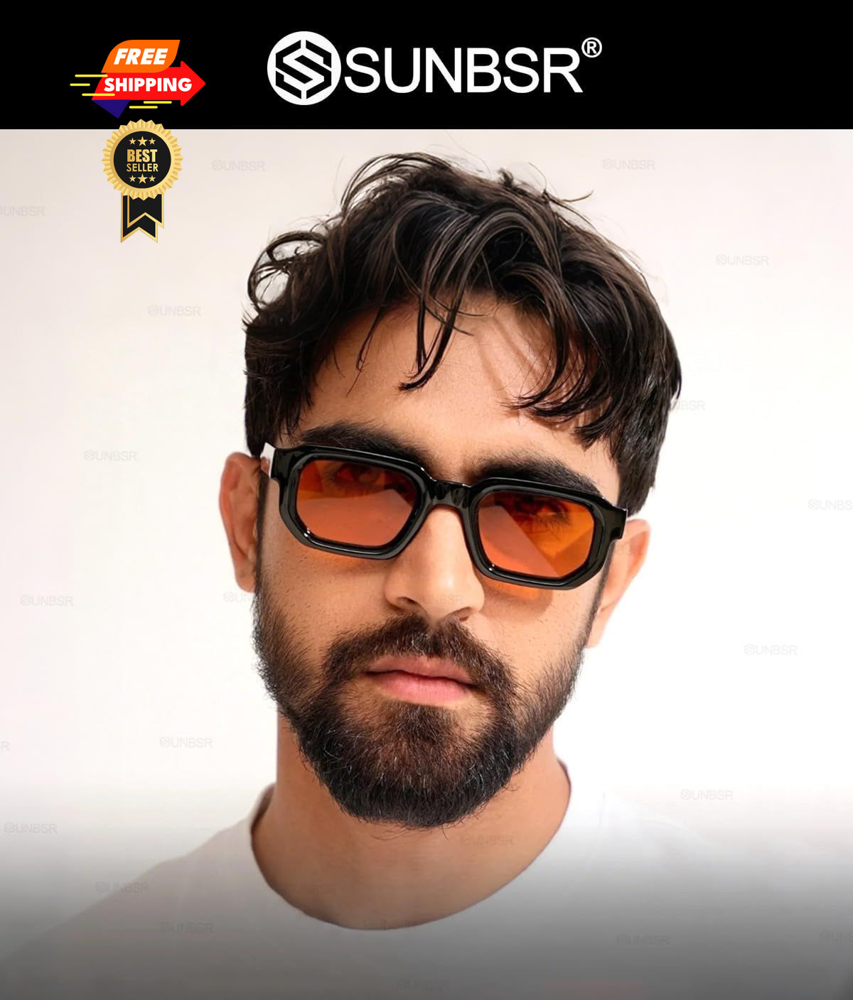 SUNBSR Retro Rectangle Sunglasses Mens Womens Orange 60mm, Grey+orange