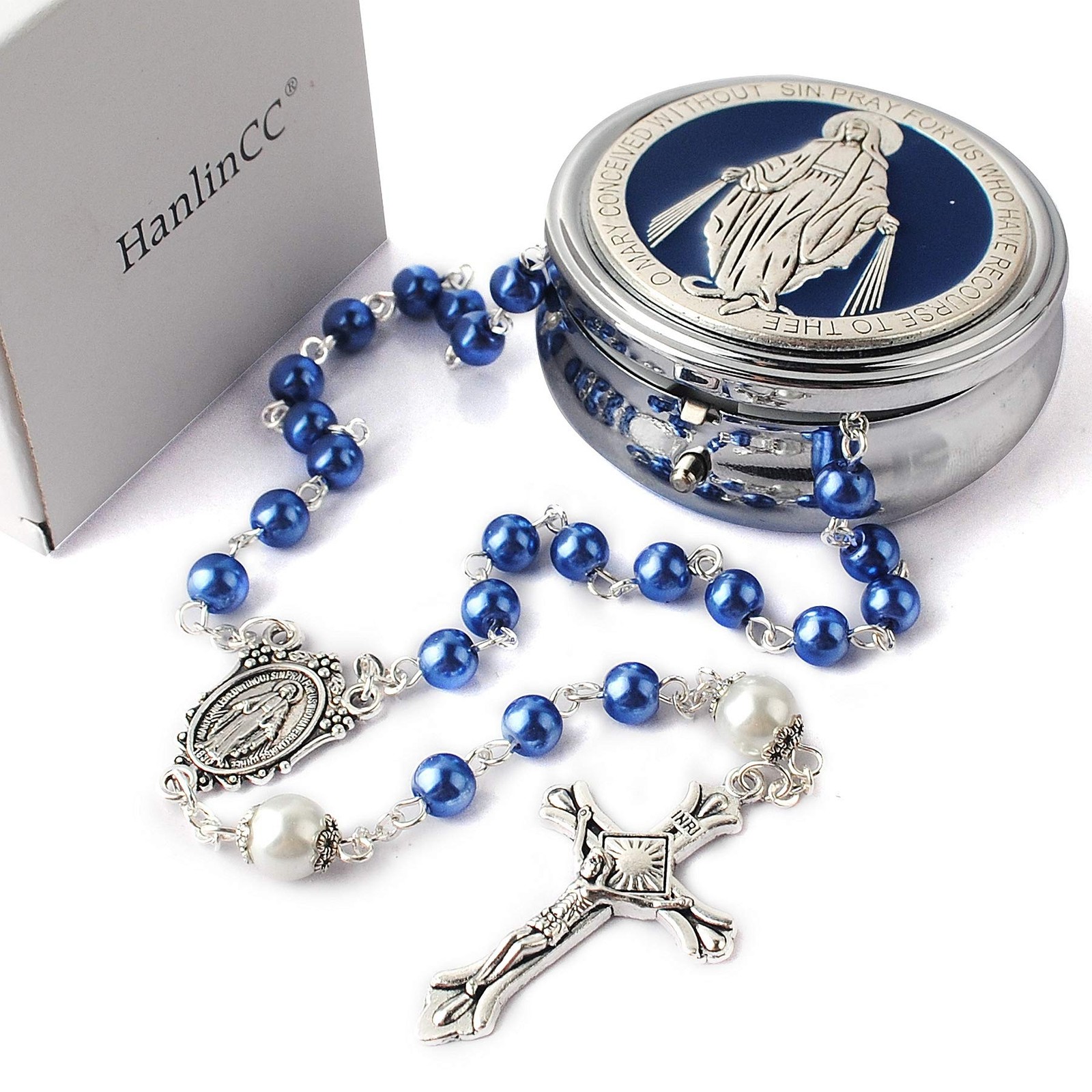 HanlinCC 6mm Glass 53cm (20.8 inches), Blue Rosary with Miraculous Gift Box