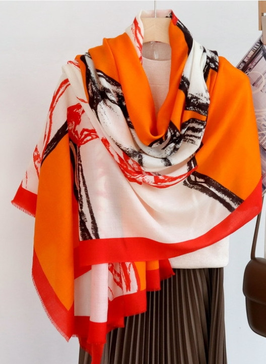 100% wool orange horse print large square scarf shawl 200 * 100cm