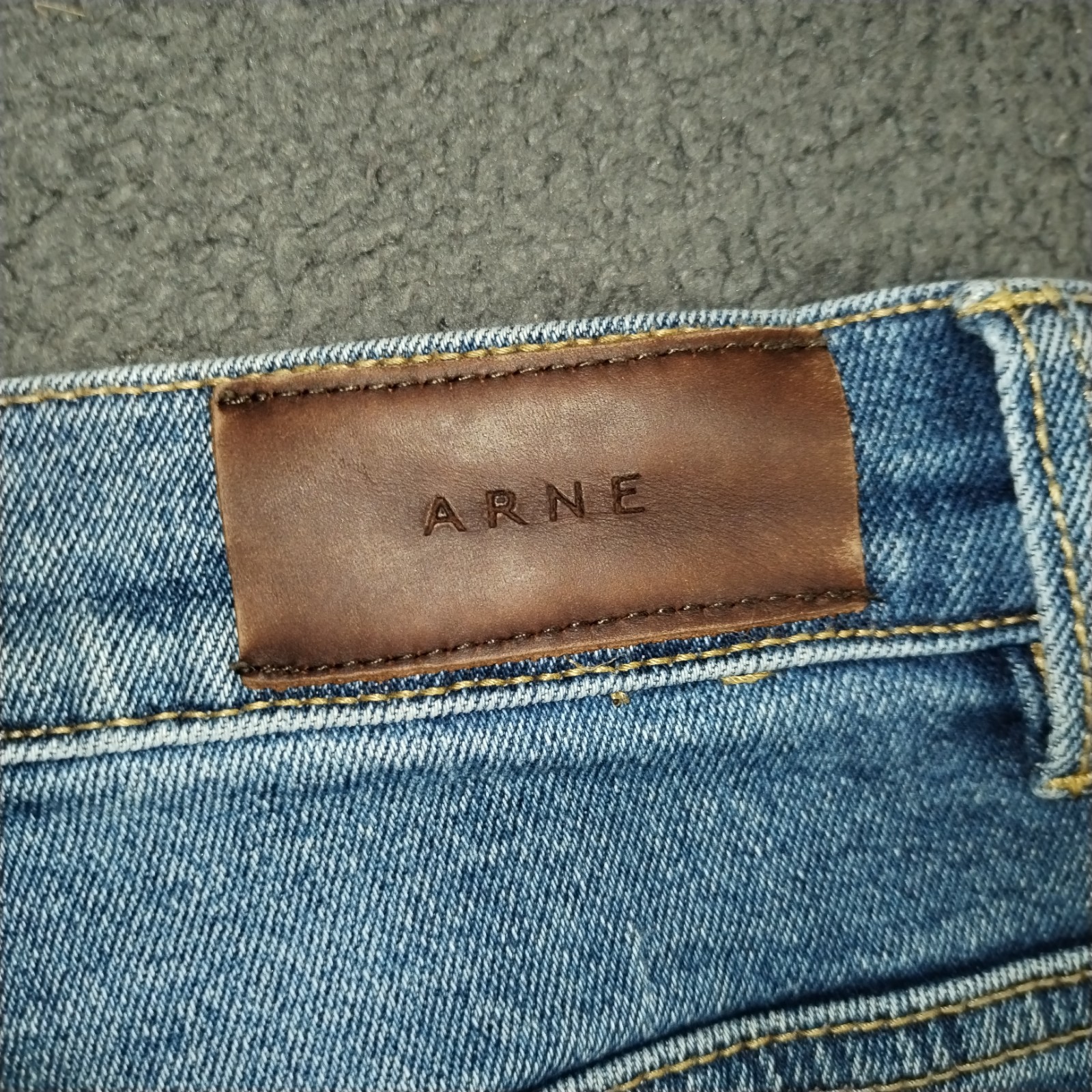 Arne Jeans Mens 30×30 Regular Blue Denim Slim Stretch Whisker Leather Logo Fade