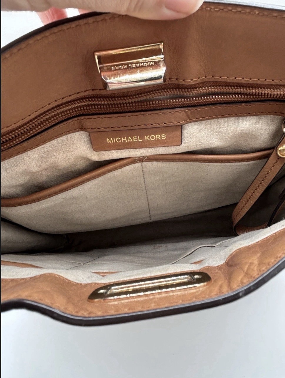 Michael Kors Sullivan Beige Canvas Tan Leather Messenger Crossbody Bag