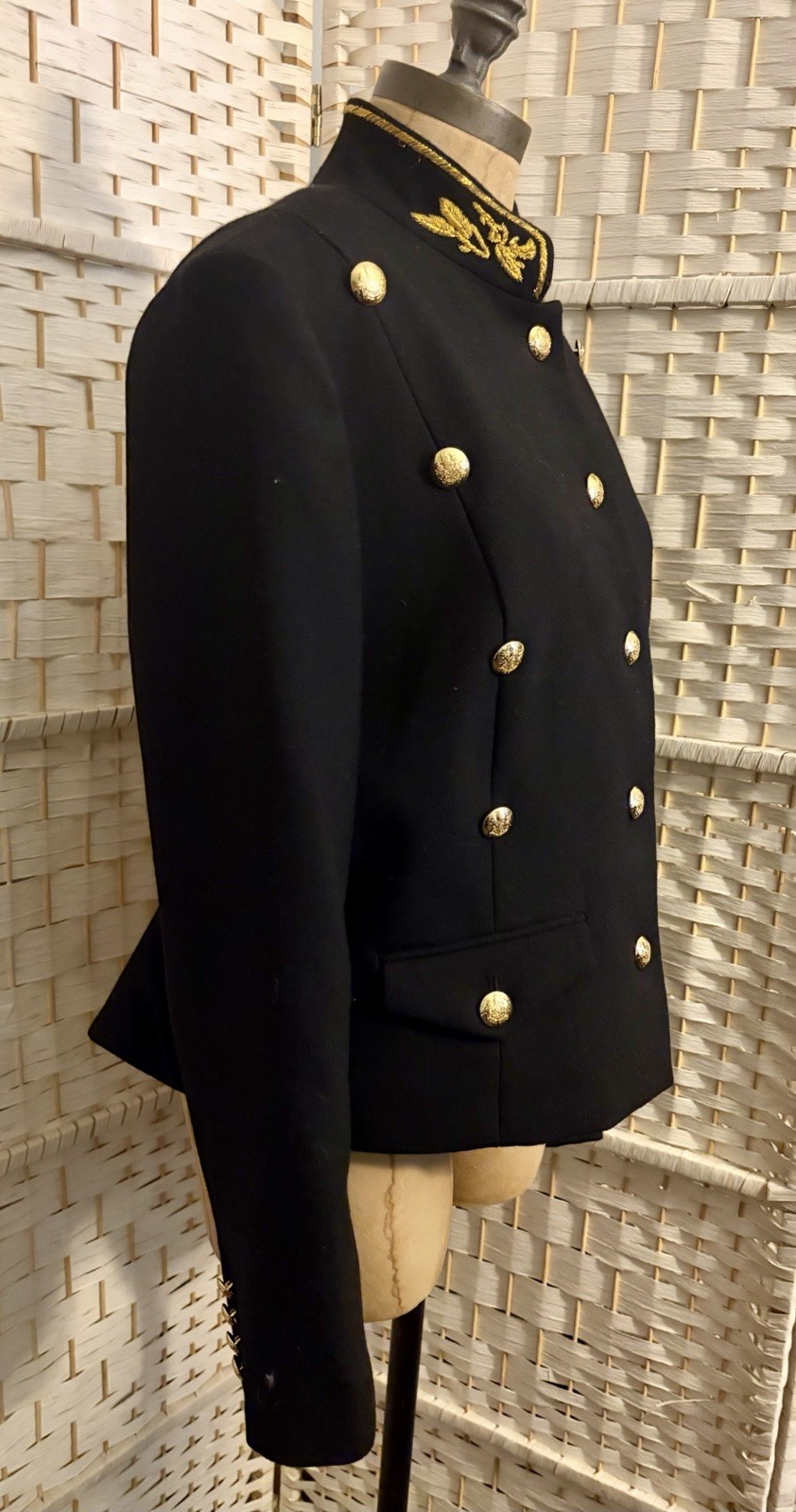 Vintage Ralph Lauren 100% Wool Military Peplum Gold Embossed Buttons, Embroidery