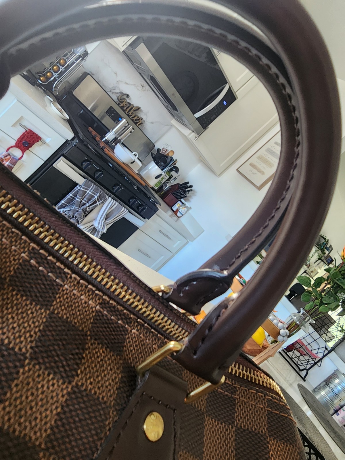 Louis Vuitton Damier Brown Top Handle Bag Red Interior Hot Stamped Initials