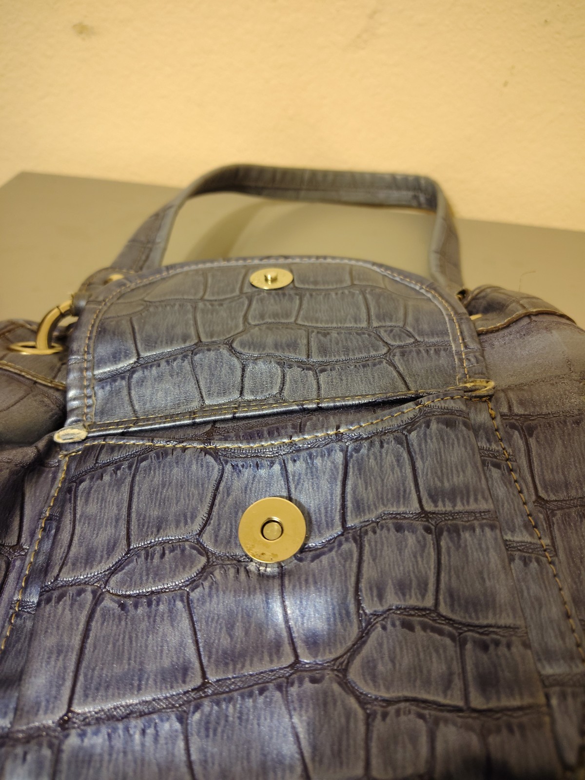 Kathy VanZeeland Metallic Silver Croc-Embossed Handbag with Crest Emblem