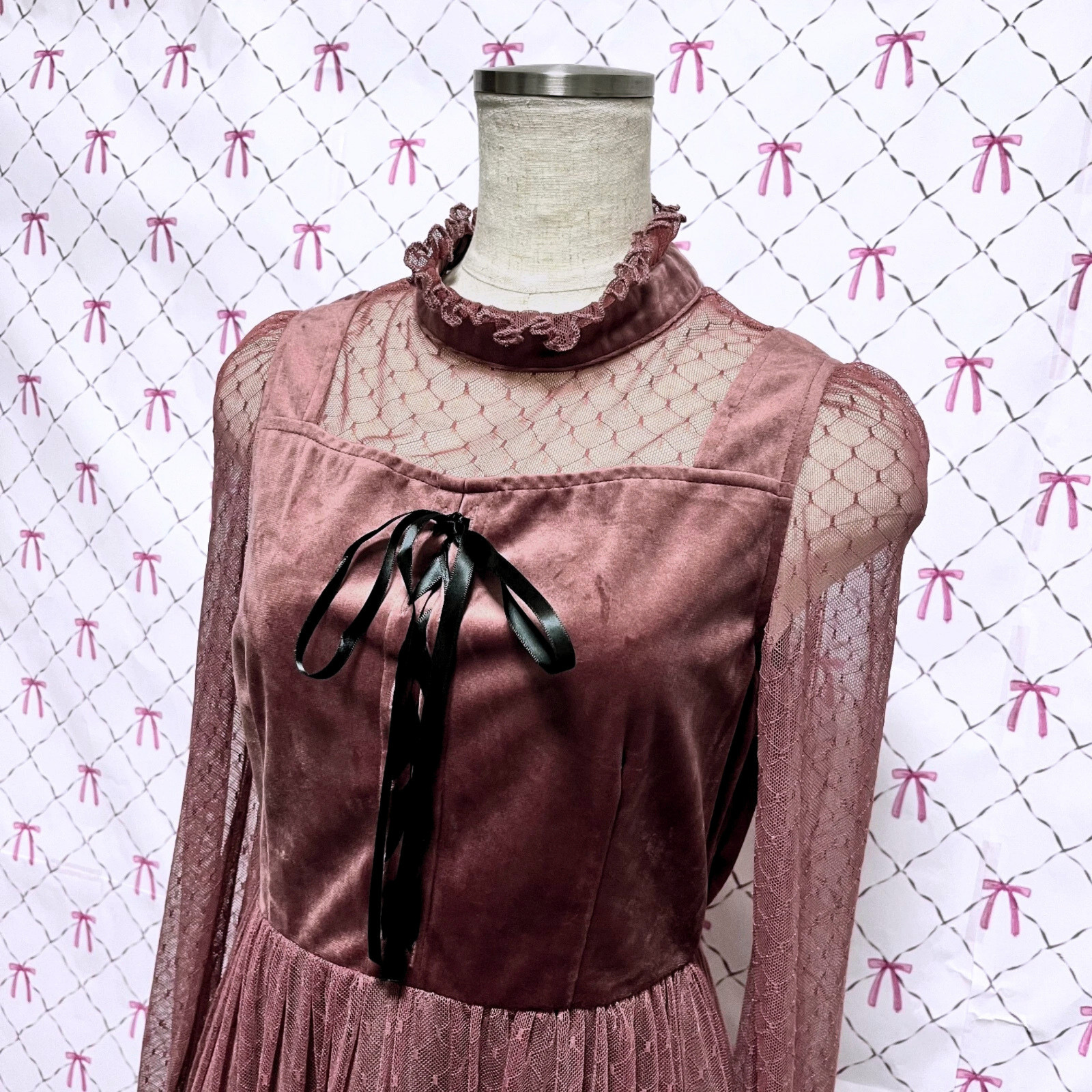 Velour Lace Long Dress Red M Elegant Kawaii Jashion Party Feminin