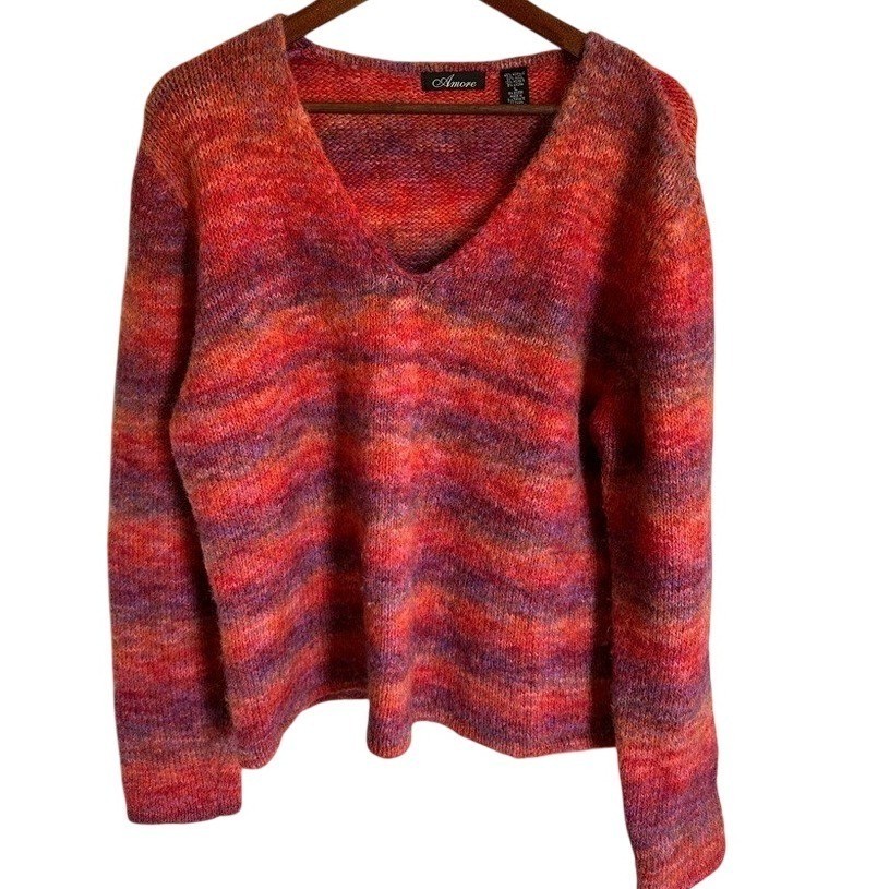 Amore Womens Wool Mohair Blend Space Dye V-Neck Sweater Pink Orange Large Busty
