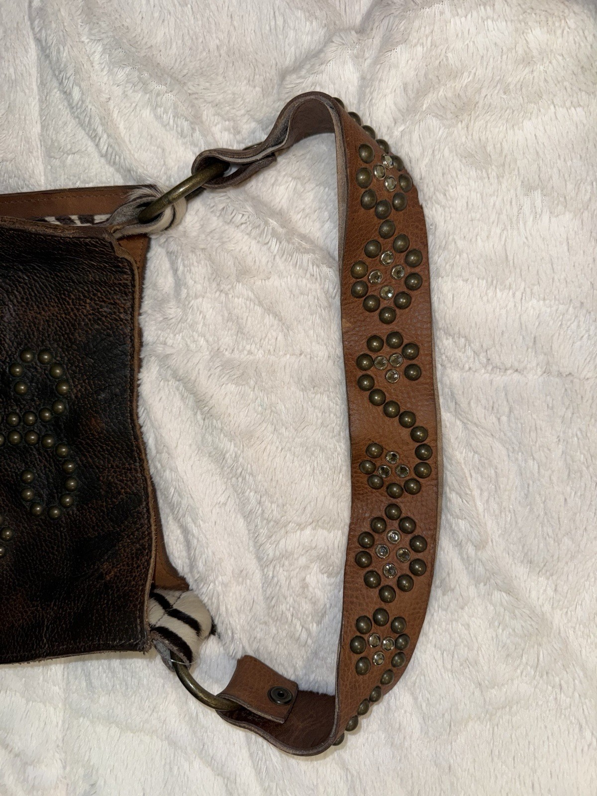 Two Bar West Brown Studded Shoulder Bag for Women w/ Zebra Detail, Bronze
