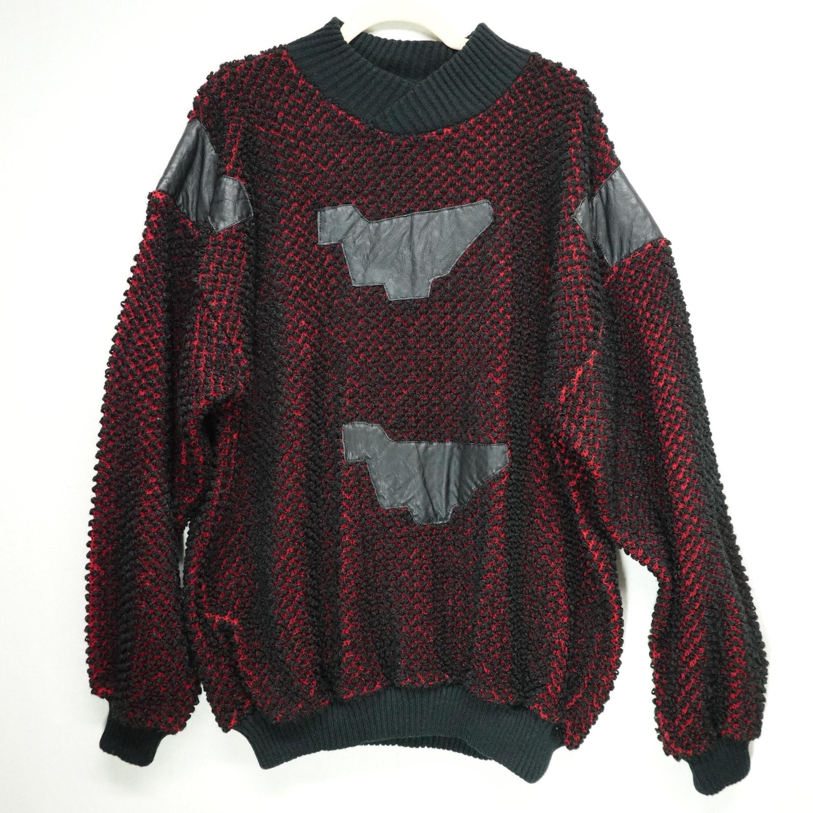 Vintage Mario Bellucci Sweater Mens XL Black Red Textured Leather Patch 90s