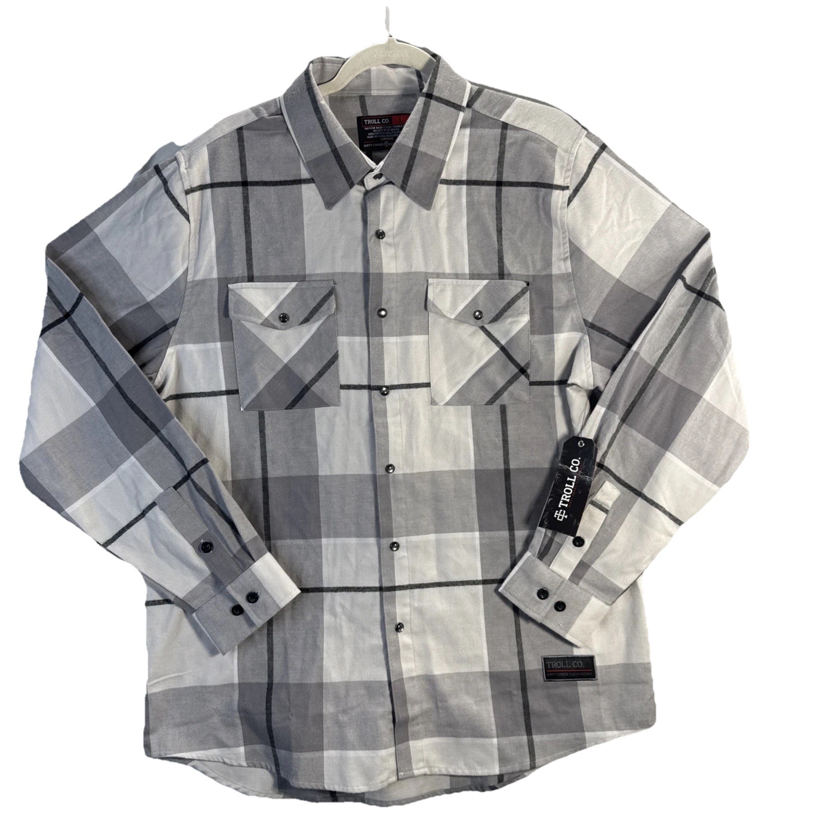 TROLL CO Mens Pierce Flannel Black/Gray Pearl Snap Shirt Size Medium NWT