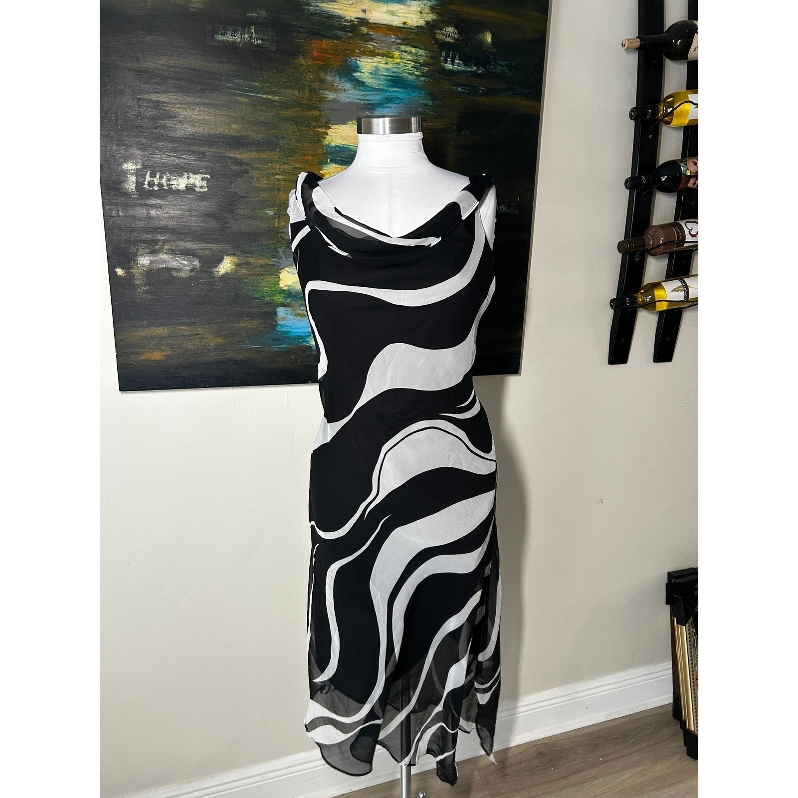 Vintage Breakin’ Loose Midi Dress Size 10 Black White Abstract Cowl Neck Y2K