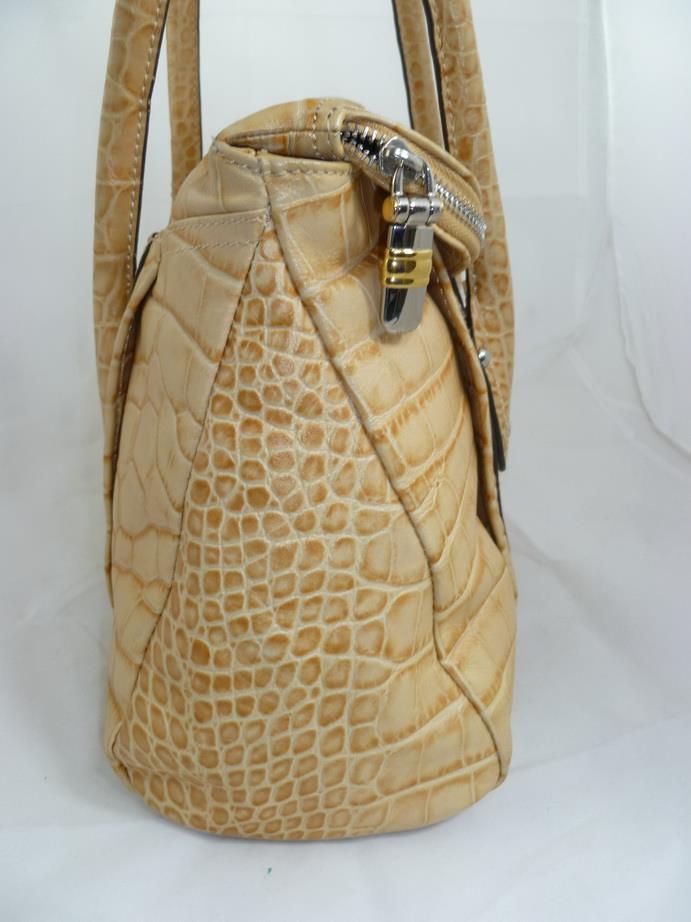 B MAKOWSKY USED CROC EMBOSSED KHAKI LEATHER FOLD OVER TOTE/SHOULDER BAG/SHOPPER