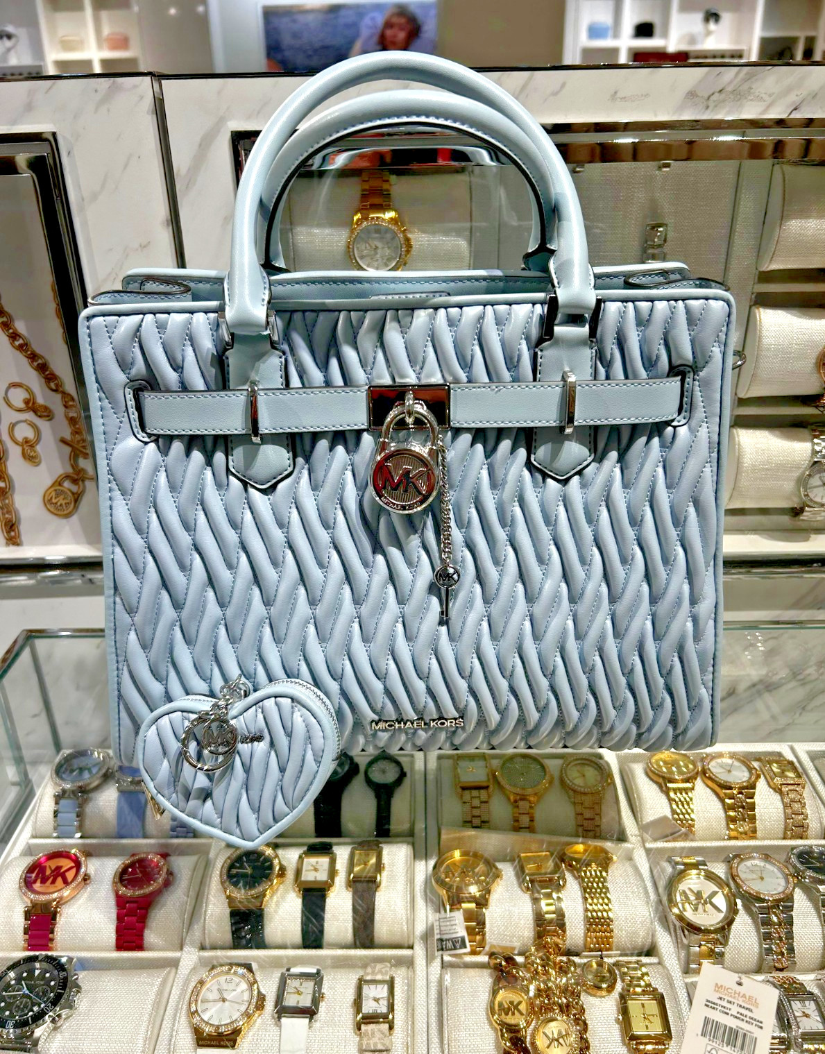 Michael Kors Hamilton Women Medium Matelassé Satchel Bag + Coin Purse Pale Ocean