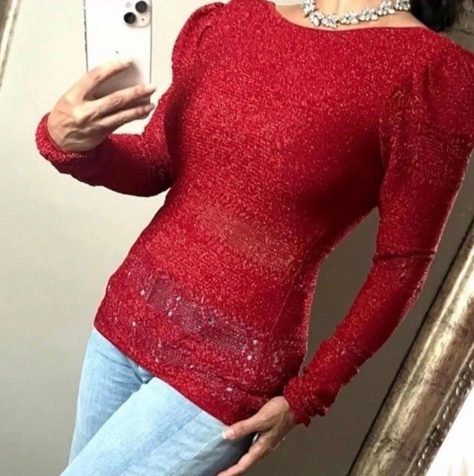 Ronny Kobo metallic cut out back long sleeve lightweight sweater red holiday