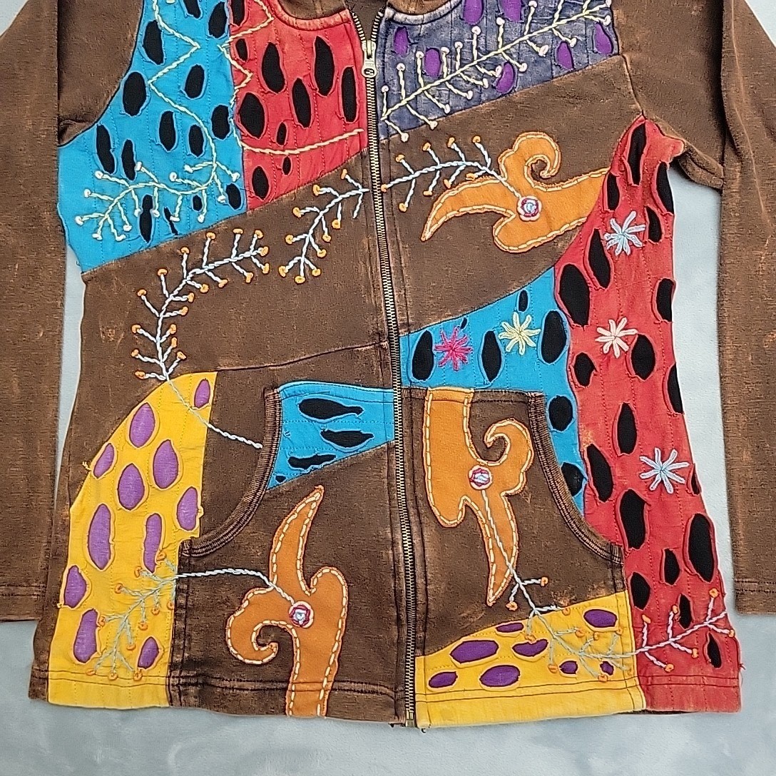 Rising International Patchwork Full Zip Hoodie Women Large Brown Boho Hippie