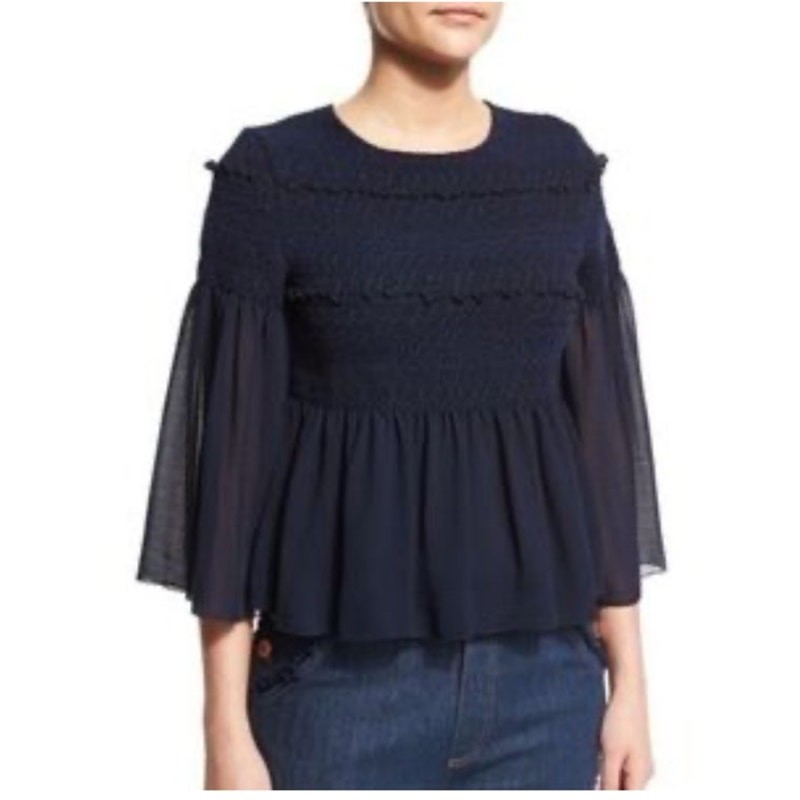 See By Chloe Dark Navy Peasant Top Sheer Sleeves Smocked Bodice Boho Sz 4