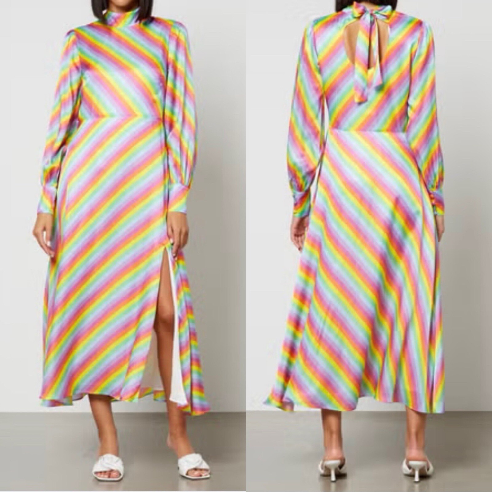 New Olivia Rubin Nessie Prism Stripe Silk Satin Print Midi Dress,UK 14