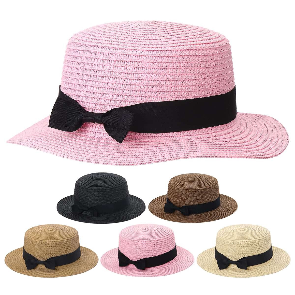 Women Flat Top Straw Boater Wide Brim Sun Hat Black Ribbon Bow Summer Beach Cap