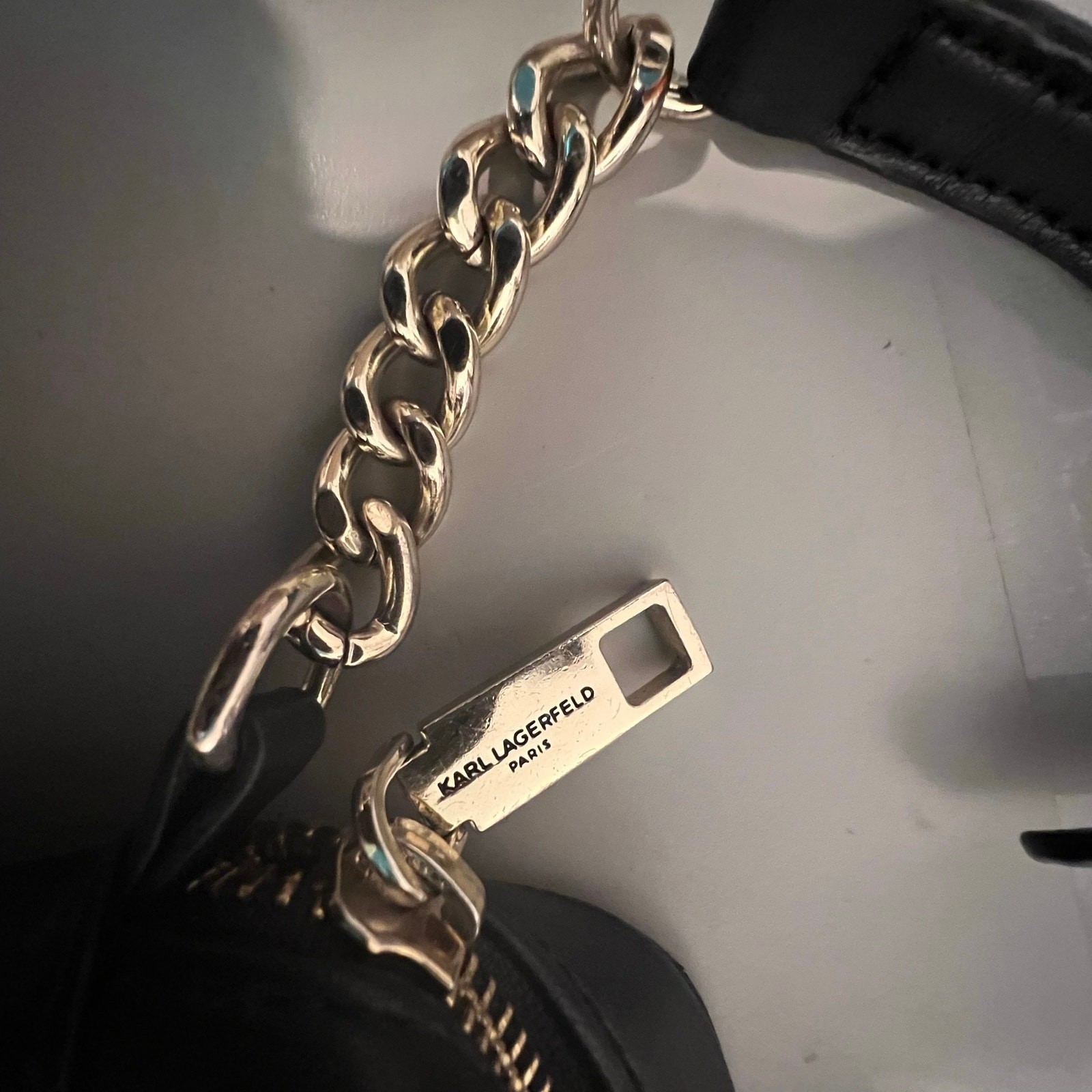 Karl Lagerfeld Chunky Goldtone Chain Exposed Zipper Logo Black Kris Bow handbag