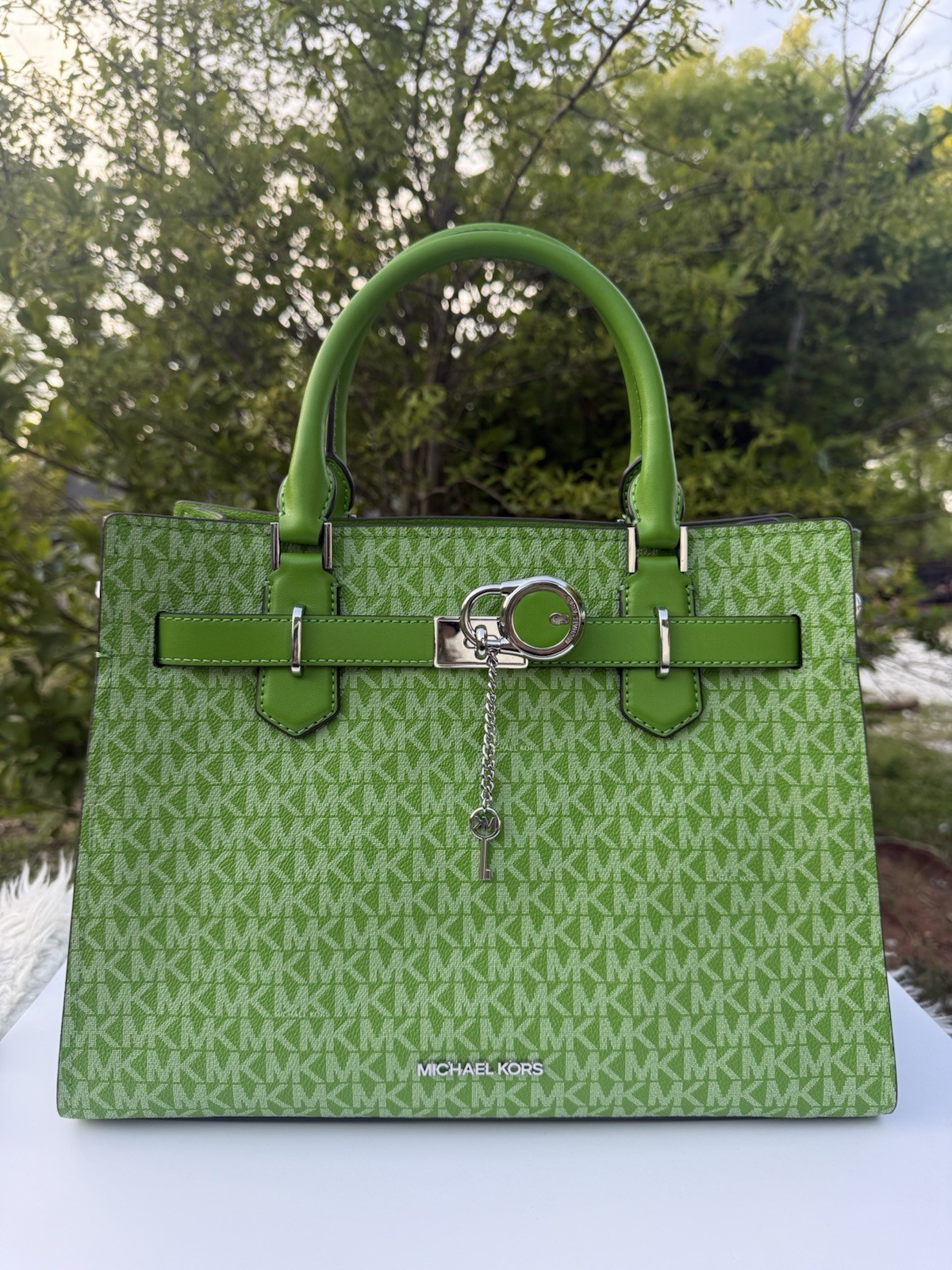 Michael Kors Medium Hamilton Satchel MK Logo Leather Jungle Green Crossbody