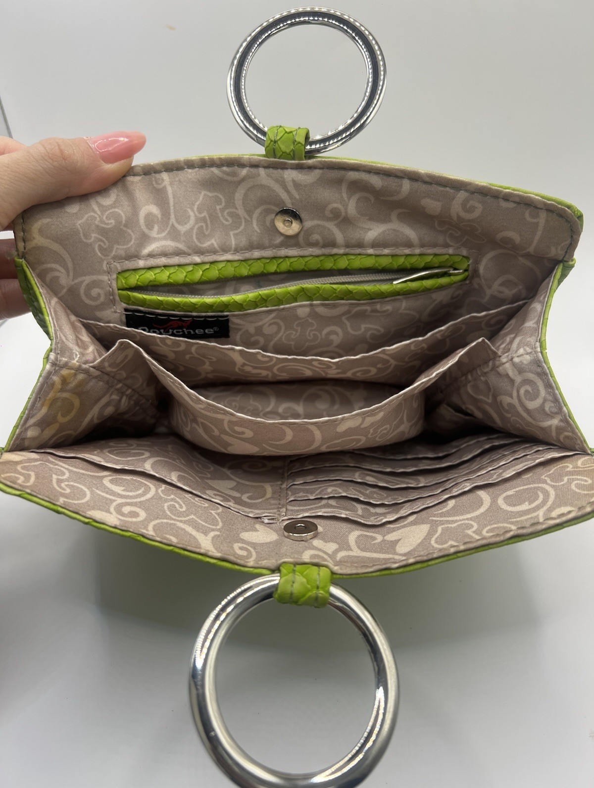 Pouchee The Ultimate Handbag Insert Chartreuse Green Snake Multi Pocket Clutch