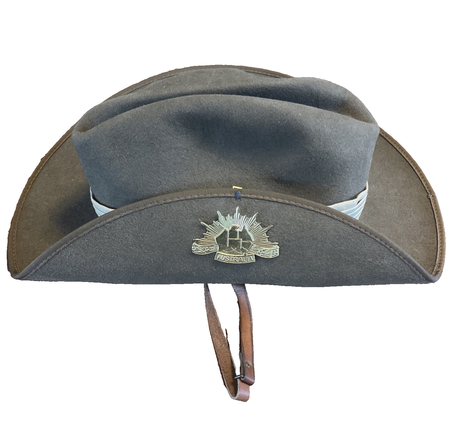 Vintage Australian Statesman Hats Military Slouch Rabbit Fur Felt Hat Chin Strap
