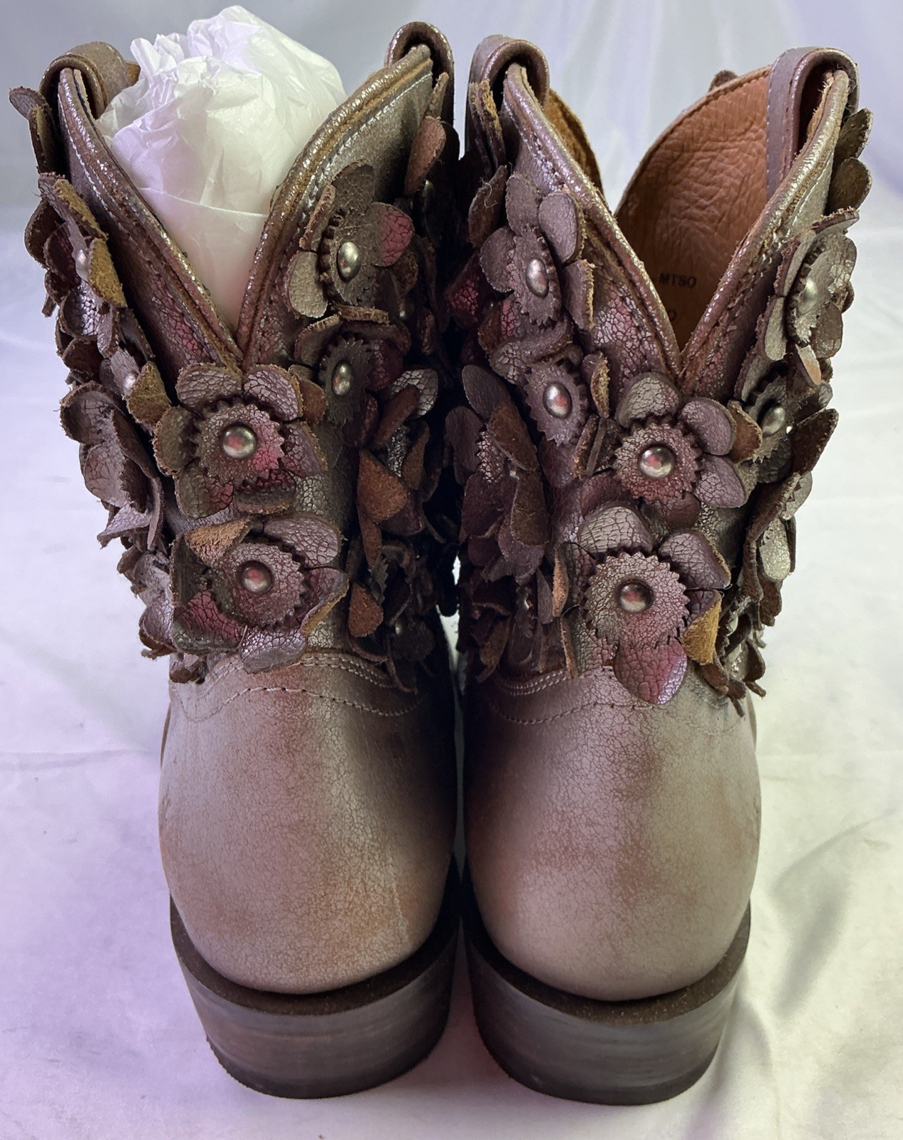Frye Women’s Billy Flower Leather Booties-Metallic Stone/3D Flowers-Size: 8.5 B