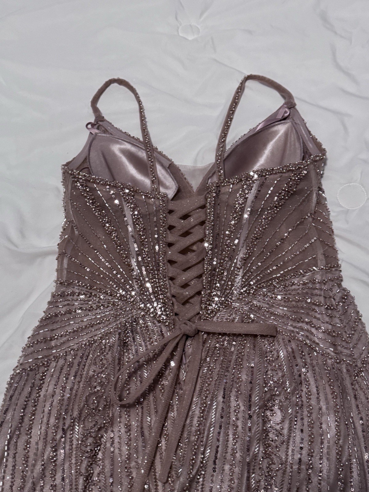 Ladivine by Cinderella Divine Champagne Beaded Sequin Mesh Gown Dress Size 12P