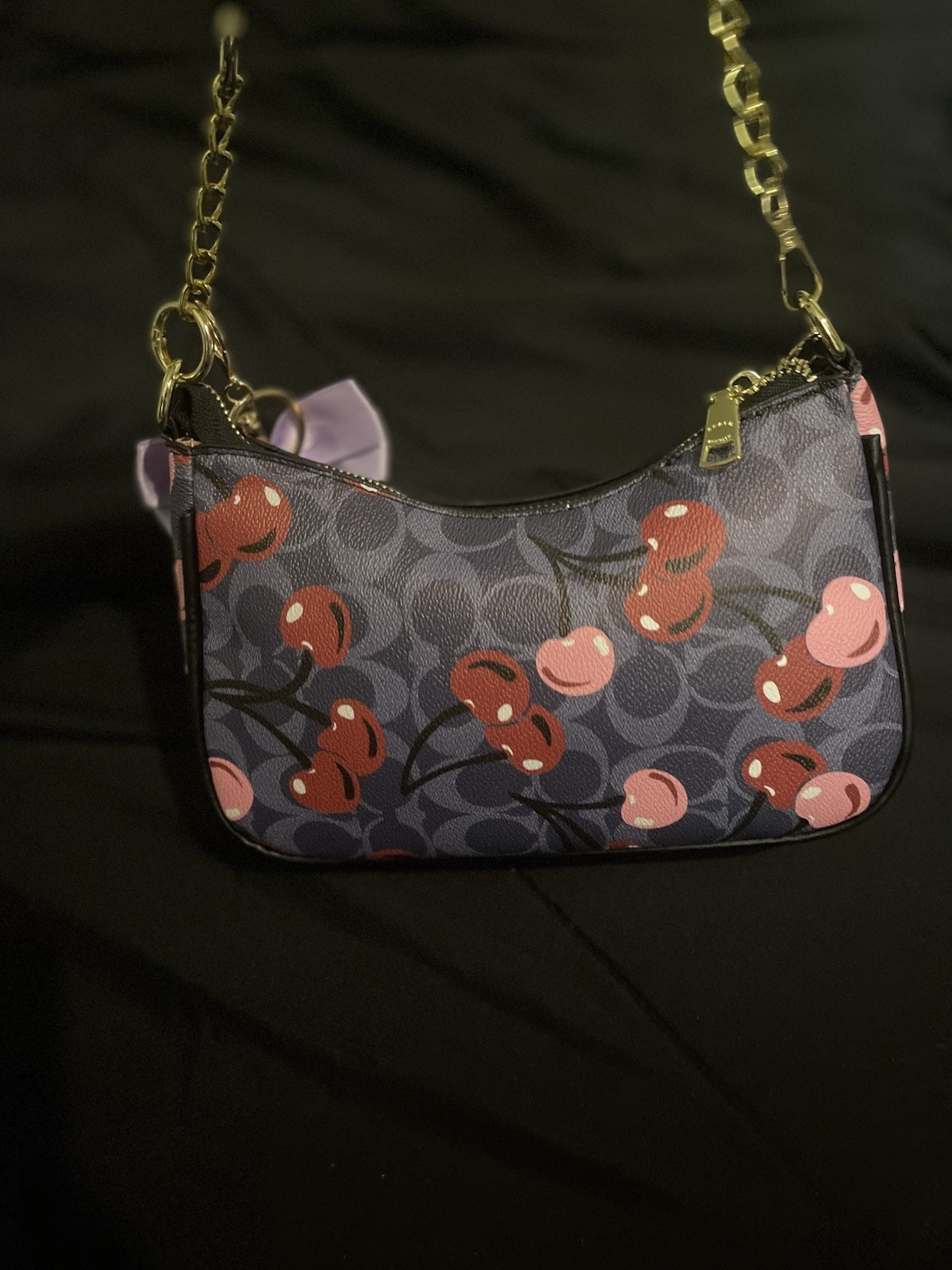 Coach Gray Cherry Logo Coated Shoulder Bag Zip Chain Strap Bow Pearl Charm