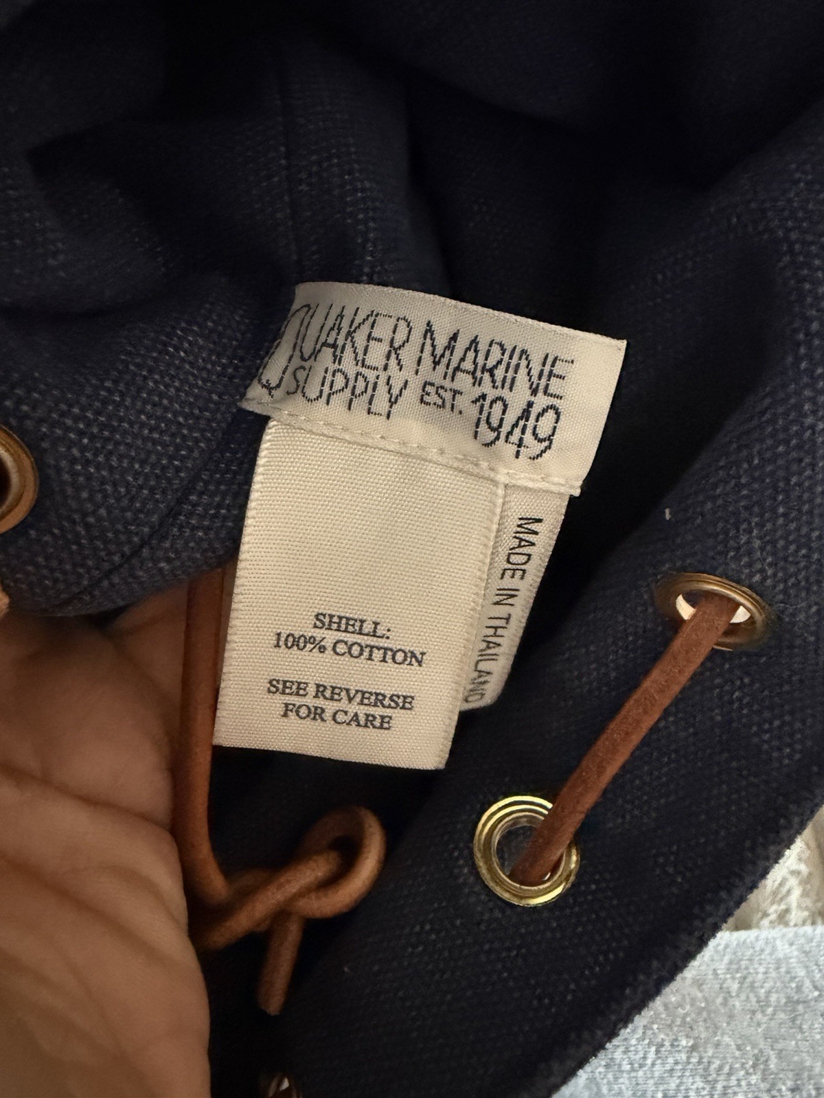 Quaker Marine Supply Blue Bucket Drawstring Bag Brown Leather Strap Gold HW