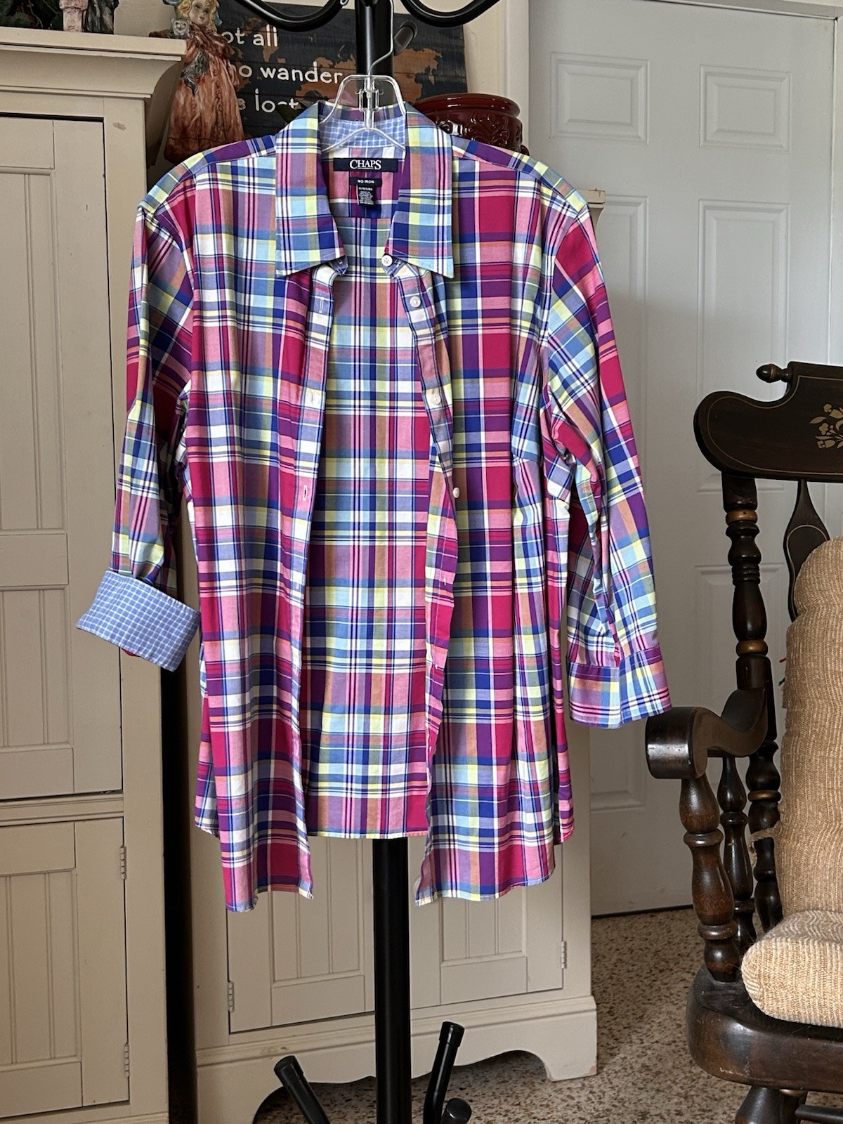CHAPS Womens Plus 1X No Iron Plaid Button Up Shirt 3/4 Sleeve Flip Cuff Cotton