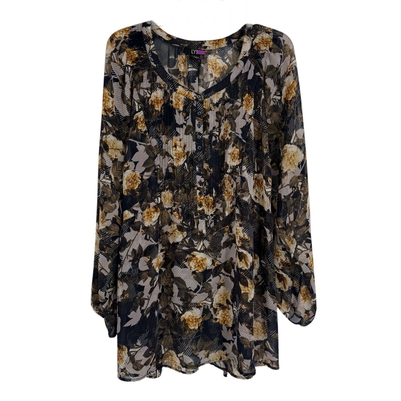 Lysse Black Floral Top Plus Size 2X Womens Semi sheer Blouse Long Sleeves