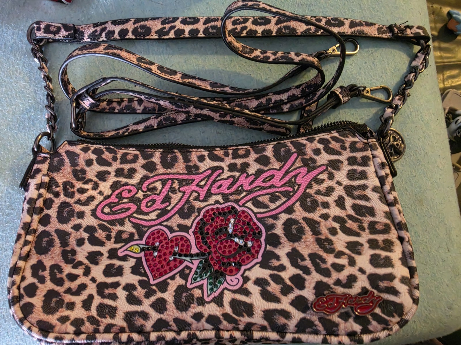 Ed Hardy Pink Leopard Animal Print Crossbody Bag Zip, Adjustable Strap, Pockets
