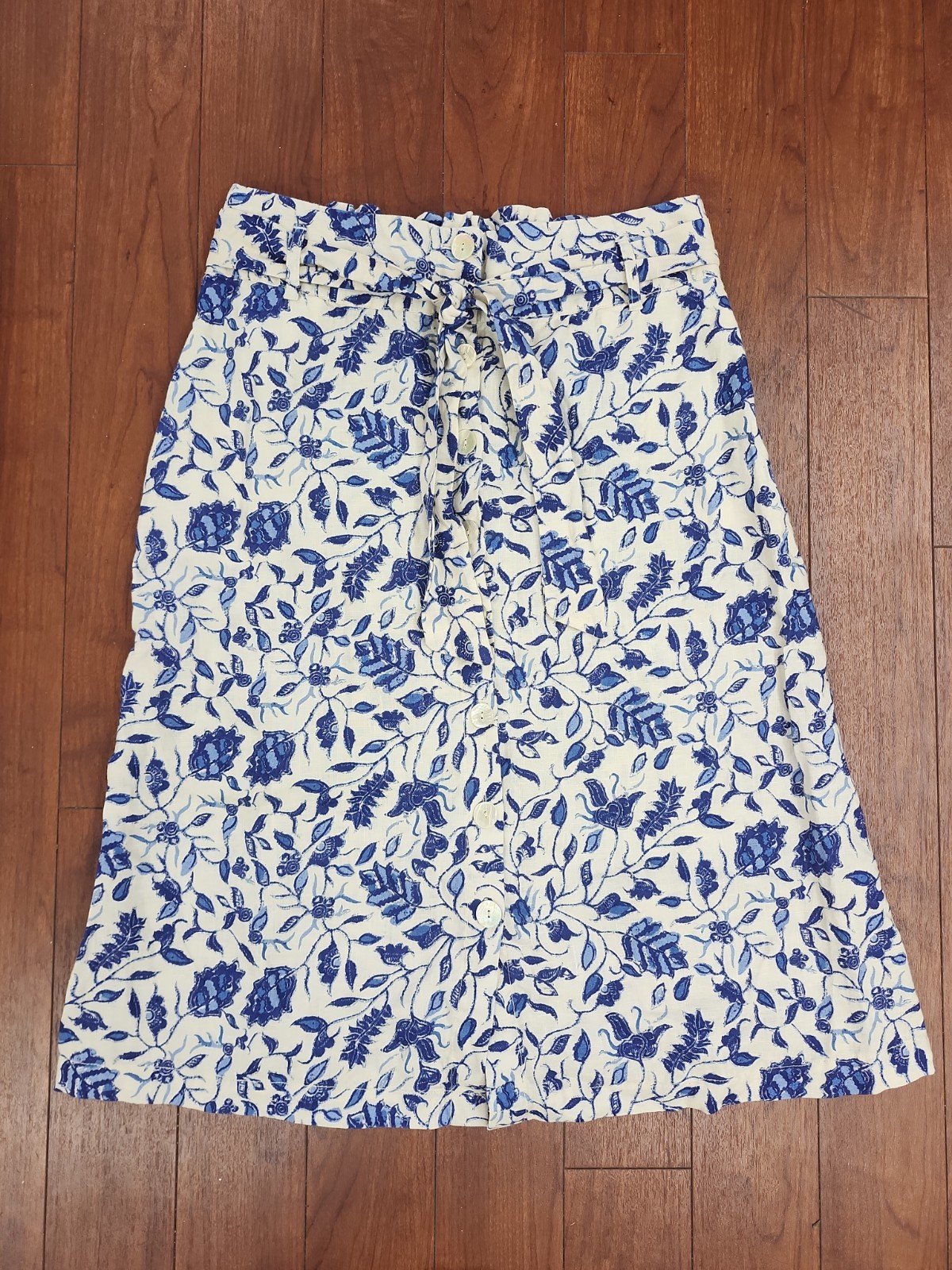 Rachel Zoe Skirt Beige Navy Floral Linen Button Down Midi Large Summer Party