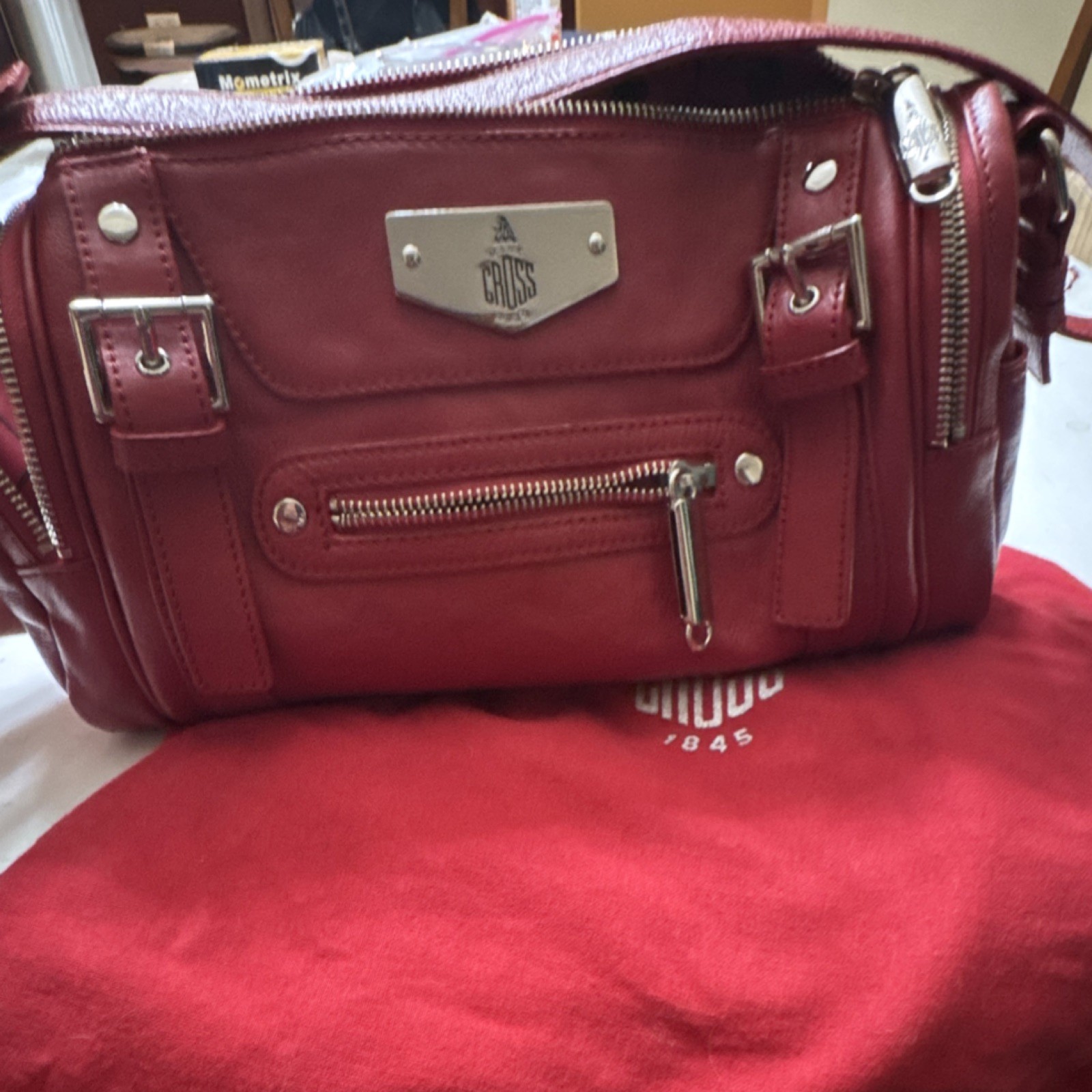 Mark Cross Women’s Red Handbag with Zipper, Buckle Accent, Dust Bag