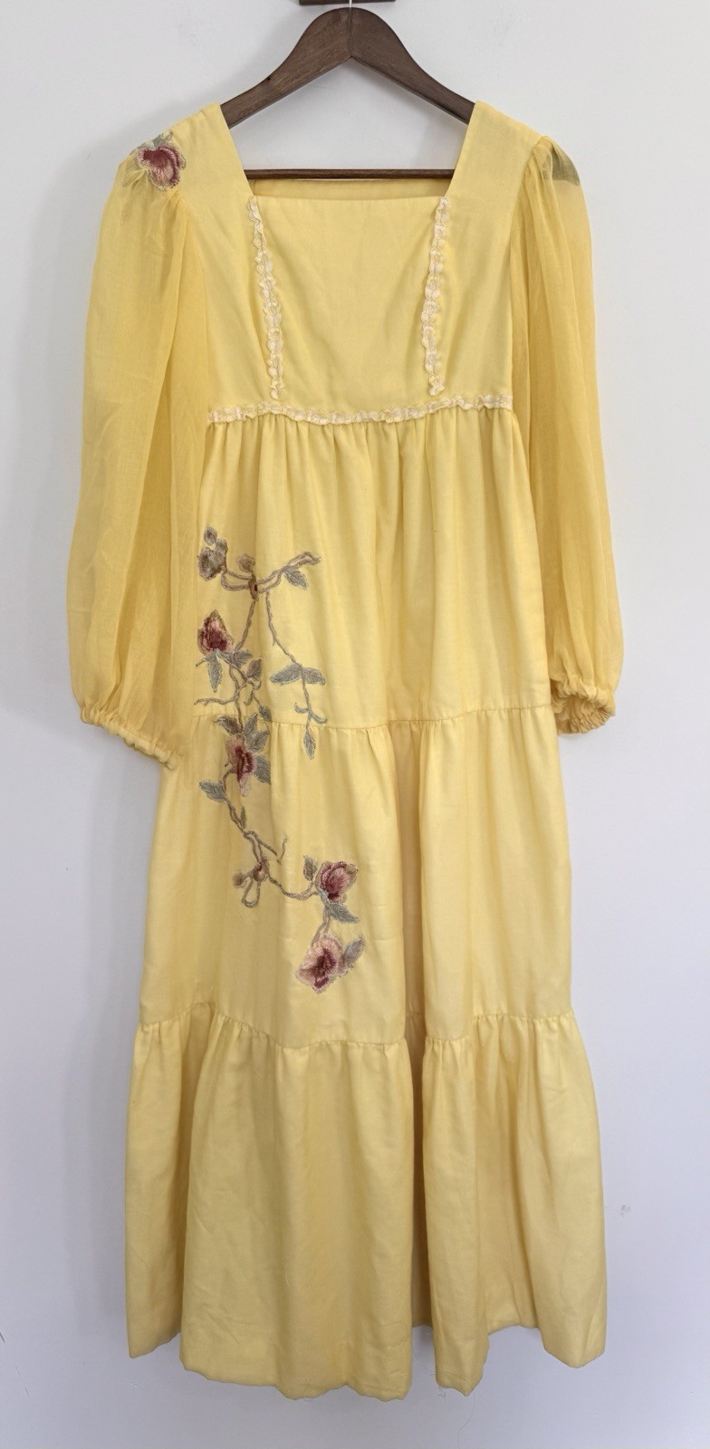 Vintage 1960s Liberty House Yellow Maxi Dress 6 Hippie Embroidered Festival #167