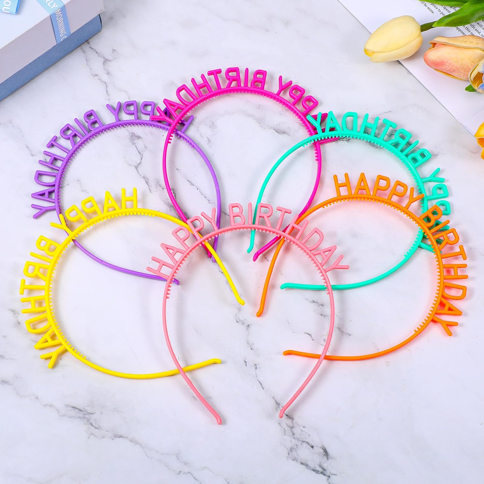 Macuezu 6 PCS Birthday Headbands, Colorful Plastic Happy 4.33in, 6 Colors