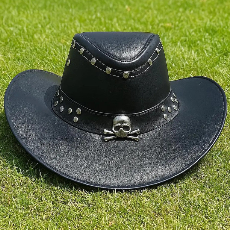 Handmade Black Leather Western Hat With Skull Studded Steampunk Cosplay Festival