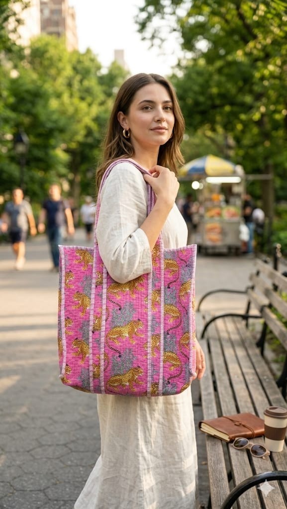 Women’s Quilted Cotton Tote Bag Leopard Print Large Market Shopper Bag gift item