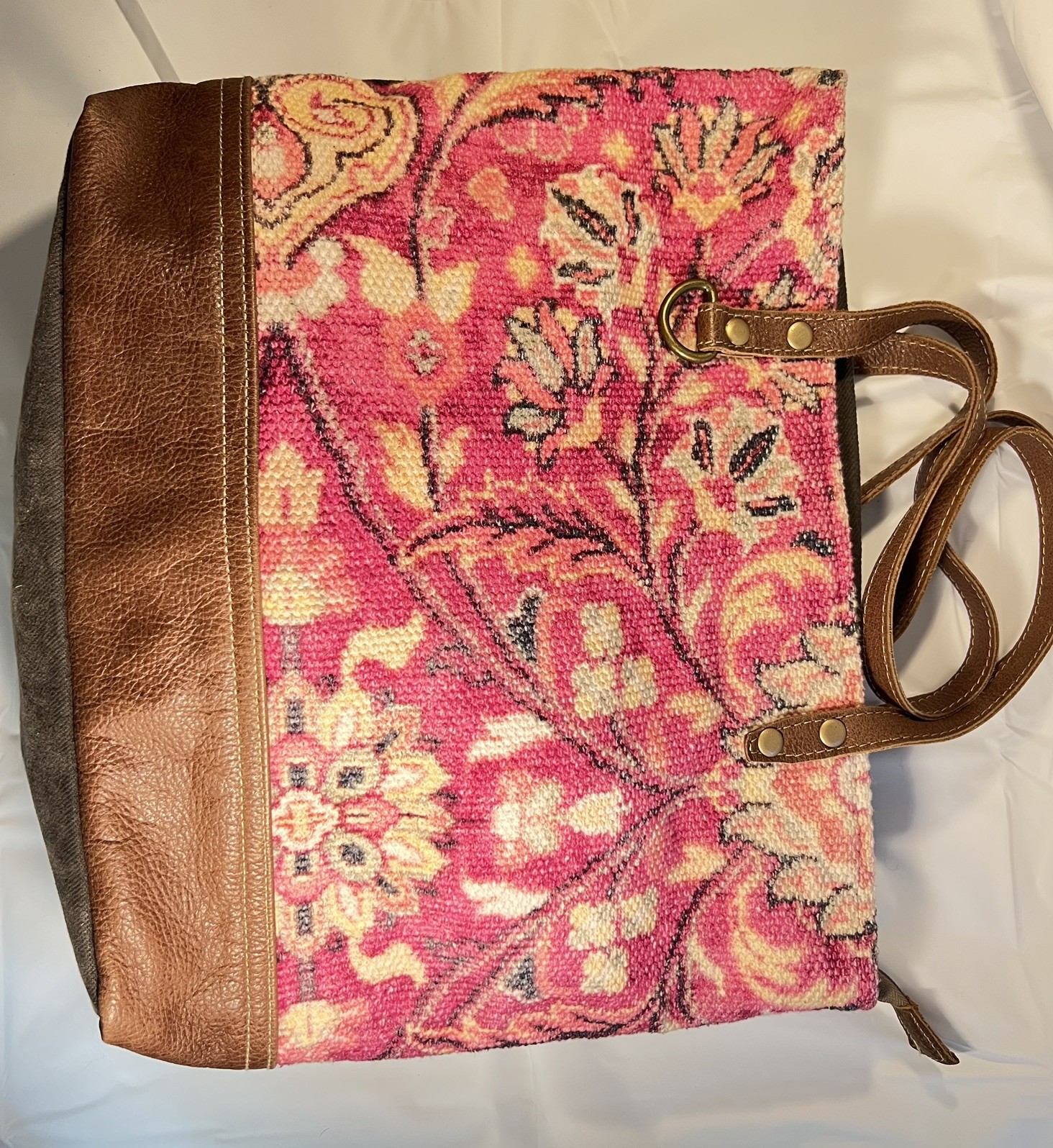 Myra Large Canvas and Leather Purse Shoulder Bag in Pink Floral Flowers